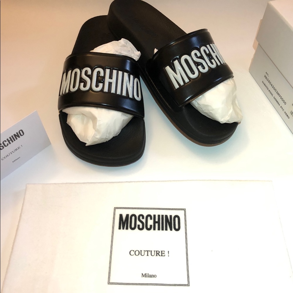 MOSCHINO Pool Slide Black/White Size 37 NEW